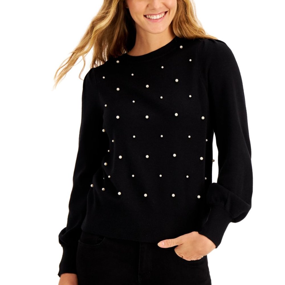 NWT Charter Club Deep Black Embellished Puff-Sleeve Sweater Women's Size…